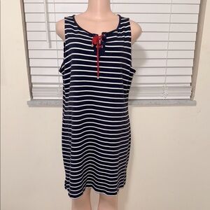 Talbots Petite woman XL a line cotton dress striped navy blue & white red string